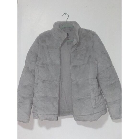 Women's Light Gray faux fur puffer jacket by Andrew Marc, size L spring wear - Picture 12 of 16